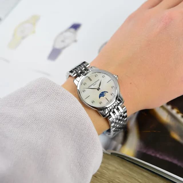 【CONSTANT 康斯登】Slimline 真鑽月相石英女錶 禮物 送禮 推薦(FC-206MPWD1S6B)