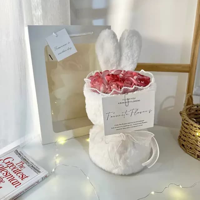 【YING SHUO】韓式兔耳小香風永生不凋花束(玫瑰香皂花束 情人節禮物 告白 求婚 紀念日 畢業 儀式感必備)