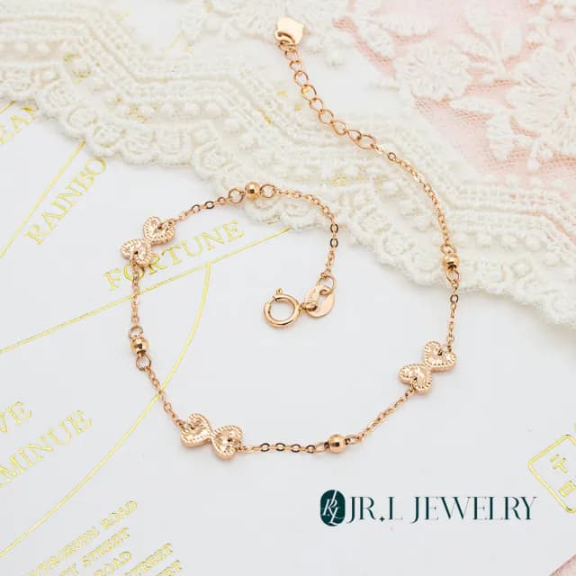 【JR.L金瑞利珠寶】雙11 18K玫瑰金 雙心蝴蝶結K金手鍊(18K玫瑰金手鍊)