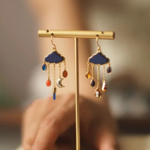 【天晴安好】雲星月寶石流蘇耳環1對(高級 設計 耳飾 耳墜 飾品 耳針 耳釘 首飾 配件 禮物)