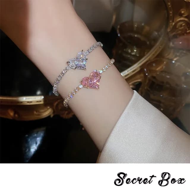 【SECRET BOX】愛心手鍊 排鑽手鍊/華麗愛心鋯石排鑽造型抽拉式手鍊(2色任選)