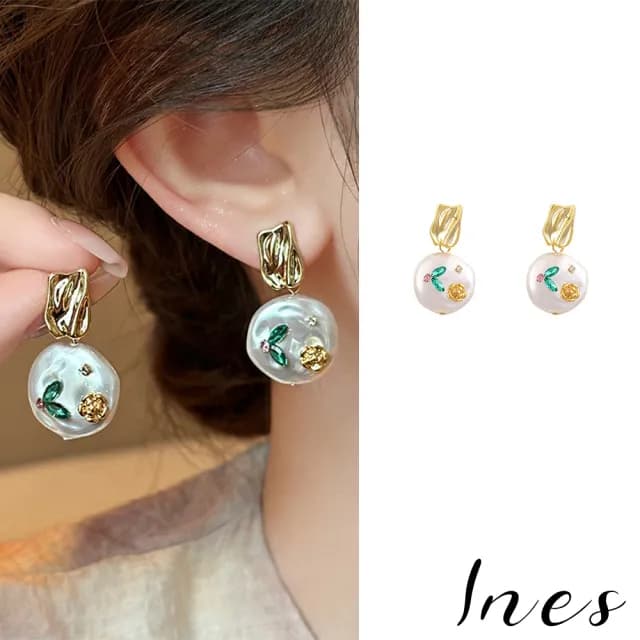 【INES】法式復古珍珠鋯石美鑽花朵造型耳環(珍珠耳環 鋯石耳環 美鑽耳環)