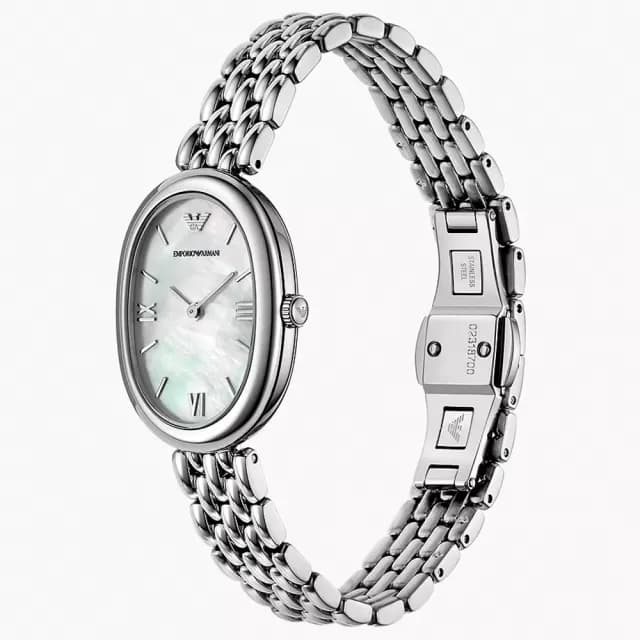 【EMPORIO ARMANI】亞曼尼 白鹿配戴款 橢圓珍珠貝雙針女錶-26x34mm 禮物 送禮 推薦(AR11706)