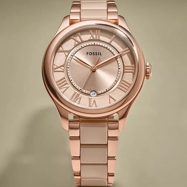 【FOSSIL】Gilmore 大三針日期陶瓷女錶 手錶-奶茶色x玫瑰金/38mm 禮物 送禮 推薦(CE1133)