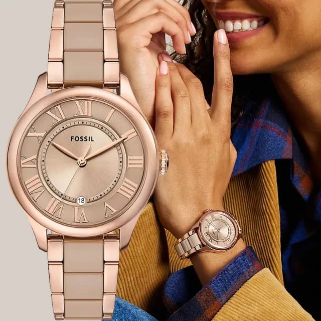 【FOSSIL】Gilmore 大三針日期陶瓷女錶 手錶-奶茶色x玫瑰金/38mm 禮物 送禮 推薦(CE1133)