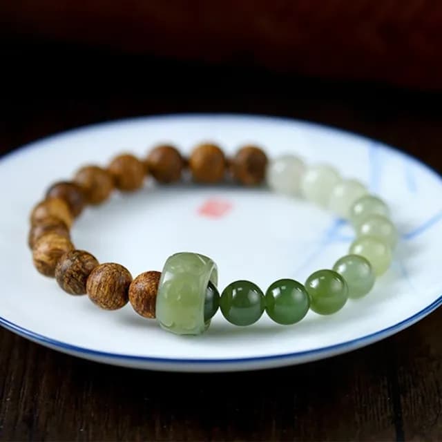 【MoonDy】沉香木手鍊 和田玉手串 如意紋跑環 天然玉石 玉飾品 圓珠手串