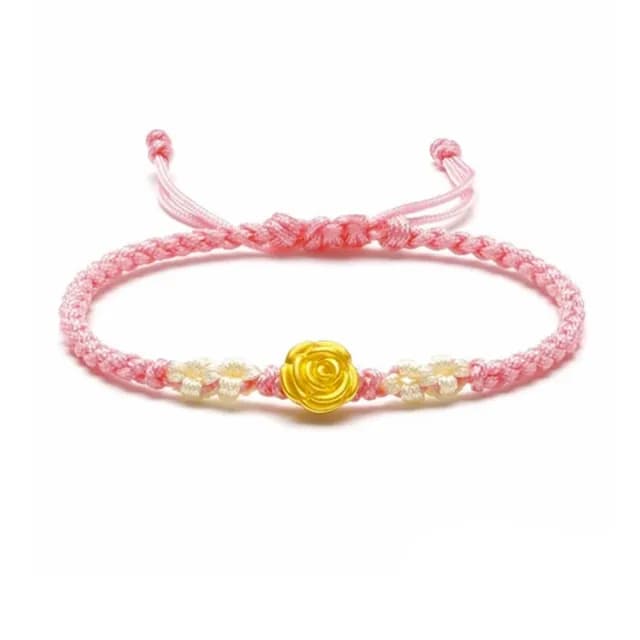 【Prisme】黃金手鍊 玫瑰花 粉色編織手鍊(金重：約0.03錢±0.01)