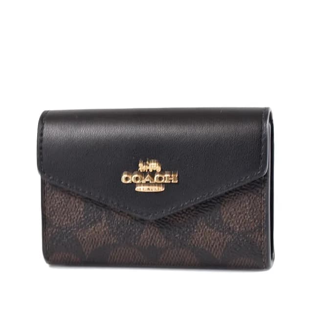 【COACH】緹花LOGO防刮信封釦式零錢包/卡包-咖啡色
