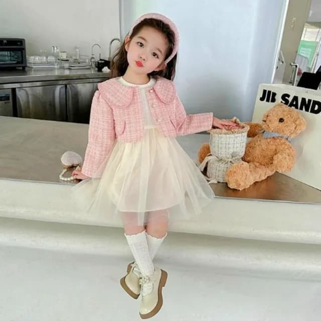 【橘魔法】甜心名媛格紋毛呢小外套+洋裝 套裝(長袖 外套 童裝 兒童 女童 生日洋裝)