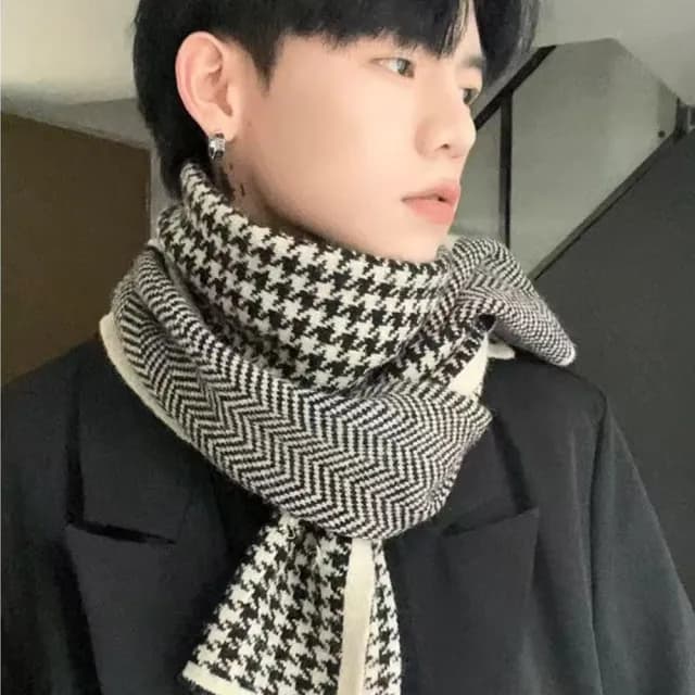 【NDM 南大門】百搭情侶款 針織保暖加厚千鳥格雙面設計 防風男女圍巾圍脖披肩(優雅黑)