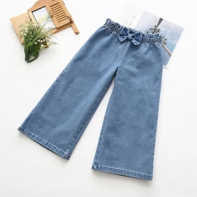 【橘魔法】蝴蝶結鬆緊牛仔褲(七分褲 寬褲 褲子 闊腿褲 兒童 童裝)