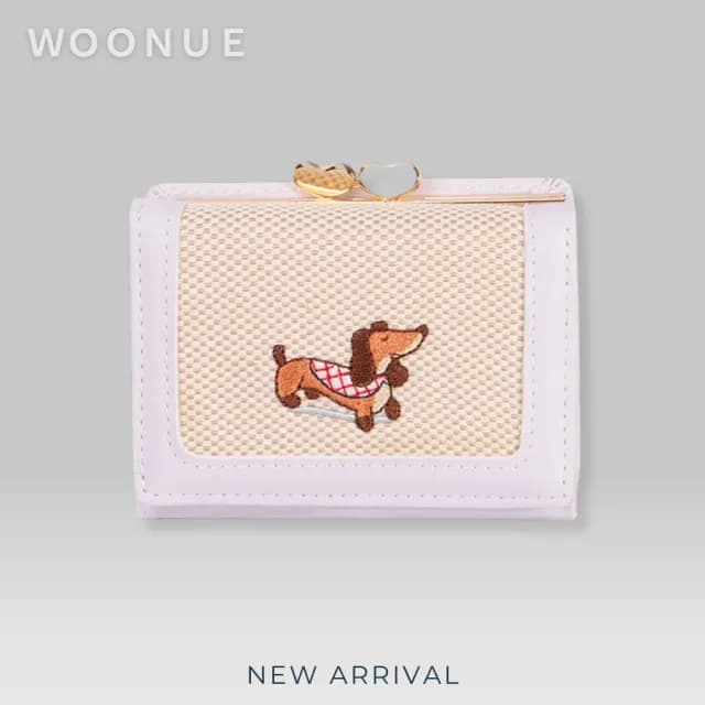 【WOONUE】氣質款臘腸狗折疊短皮夾多功能名片卡夾口金零錢包(情人老婆聖誕女兒母親生日節禮物)