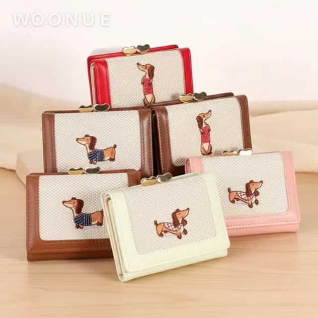 【WOONUE】氣質款臘腸狗折疊短皮夾多功能名片卡夾口金零錢包(情人老婆聖誕女兒母親生日節禮物)