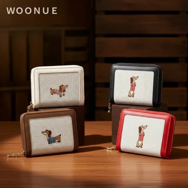 【WOONUE】氣質款臘腸狗布繡折疊短皮夾多功能名片卡夾零錢包(情人老婆聖誕女兒母親生日節禮物)