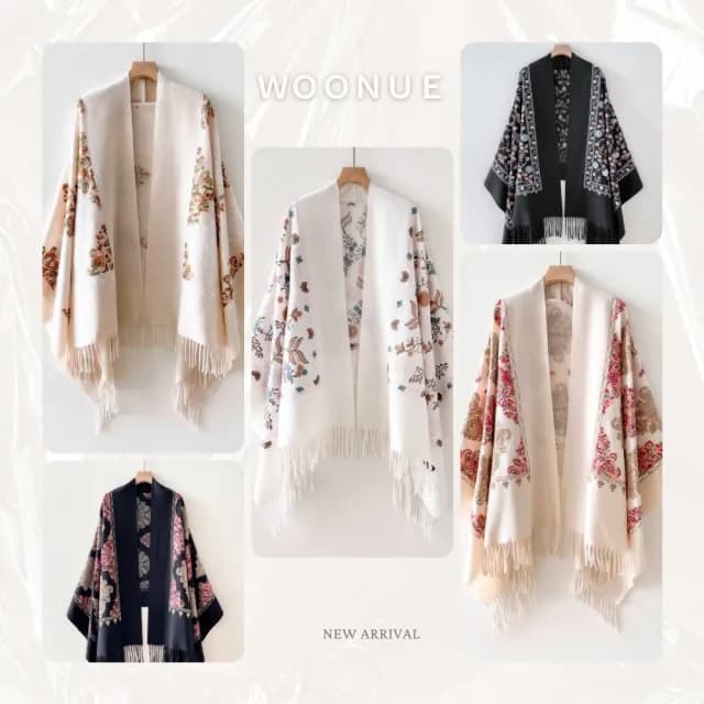 【WOONUE】女士專櫃高質感立體刺繡柔軟羊毛絨質感親膚寬版斗篷圍巾冷氣披肩(保暖女友老婆媽媽生日聖誕禮物)