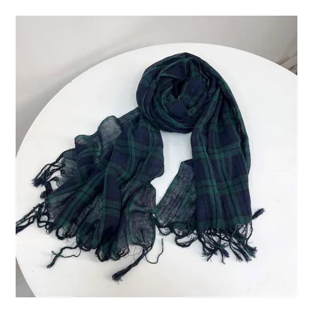 【Jun Jun】棉麻長版圍巾_藍綠格子