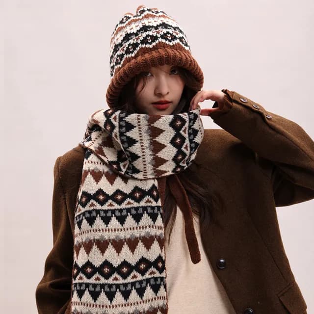 【野思】冬日森系·溫暖相隨帽圍巾套組(針織毛線帽+長圍巾)