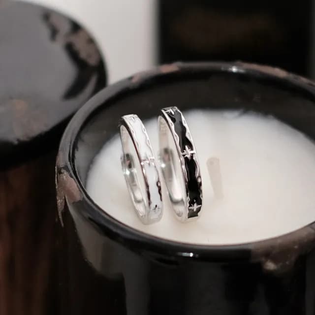 【Porabella】925純銀黑夜與黎明情侶對戒｜獨特小眾設計｜可調開口式｜生日與告白禮物首選