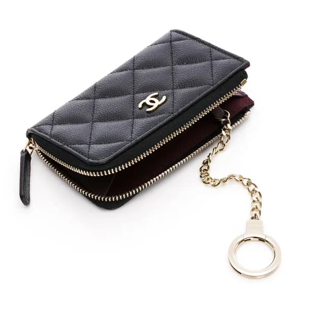 【CHANEL 香奈兒】25B 經典 拉鍊 鑰匙 零錢包(黑/金-L字拉鍊)