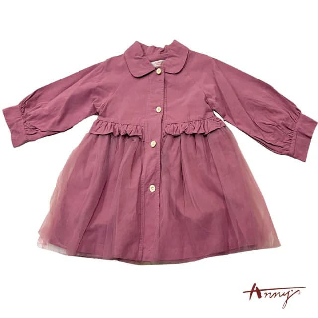【ANNY’S 安妮公主】童裝 純棉荷葉邊拼接蕾絲秋冬款風衣外套(3297紫色)