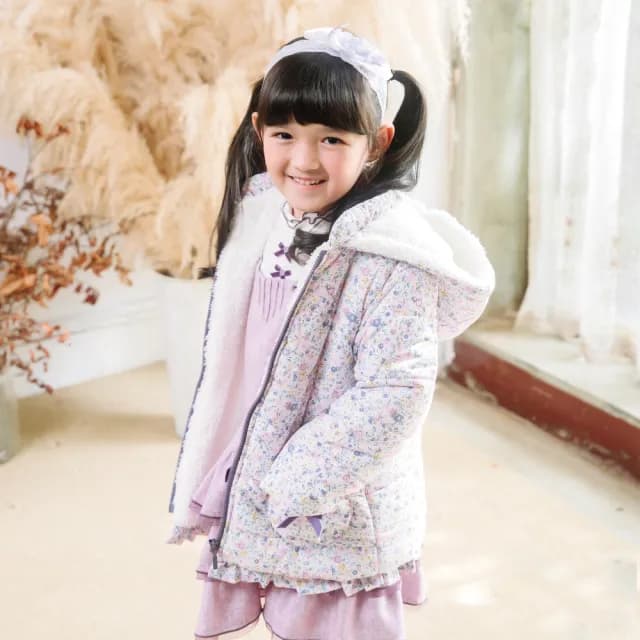 【ANNY’S 安妮公主】童裝 柔色滿版印花秋冬款內刷毛連帽鋪棉外套(3678紫色)