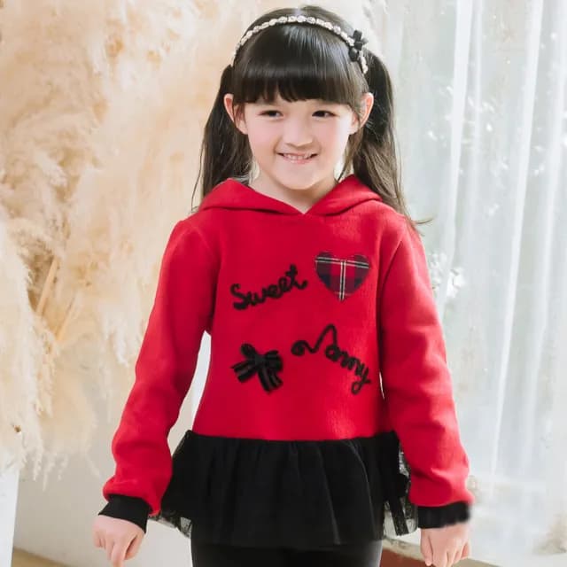 【ANNY’S 安妮公主】童裝 甜美造型秋冬款連帽純綿拼接紗裙長上衣(3627紅色)