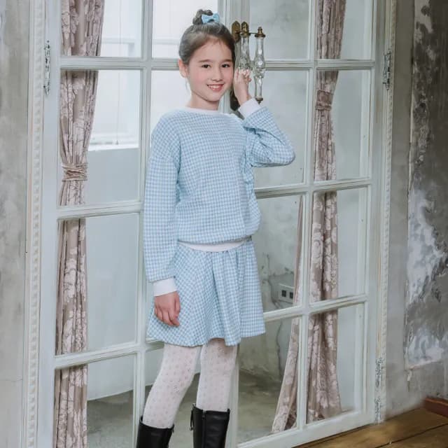 【ANNY’S 安妮公主】童裝 氣質千鳥格紋秋冬款上衣短裙兩件式套裝(3622水藍)