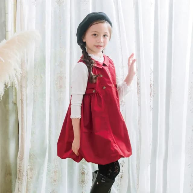 【ANNY’S 安妮公主】童裝  氣質名媛雙排扣造型秋冬款花苞背心裙(3230紅色)