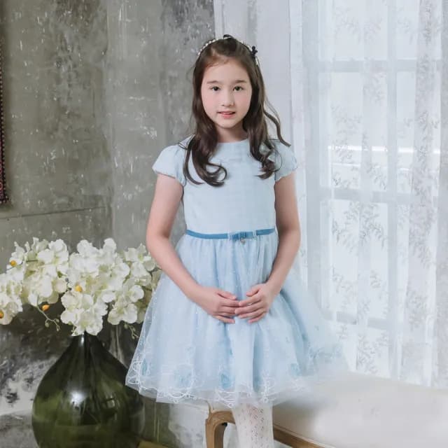 【ANNY’S 安妮公主】童裝 夢幻月亮蝴蝶星空裙襬搭蝴蝶結秋冬款公主袖禮服(3211水藍)
