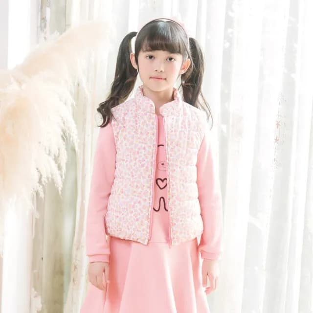 【ANNY’S 安妮公主】童裝   柔色滿版印花秋冬款搖粒絨拉鍊鋪棉背心(3476粉紅)