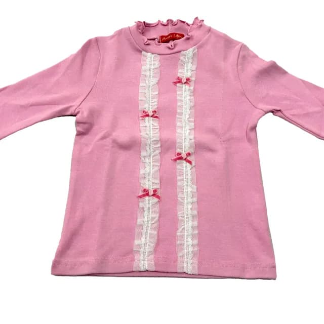 【ANNY’S 安妮公主】童裝 純棉荷葉領蕾絲蝴蝶結造型秋冬款長袖上衣(3427粉紅)