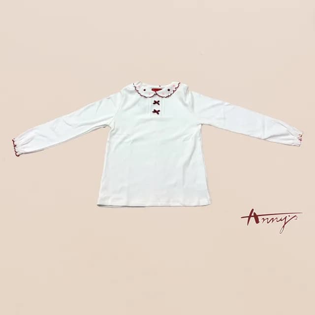 【ANNY’S 安妮公主】童裝純棉荷葉領小花朵蝴蝶結造型秋冬款長袖上衣(3430紅)