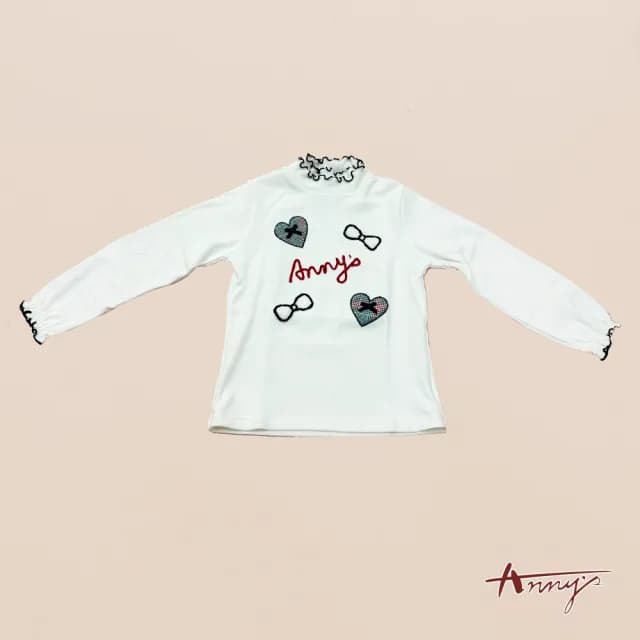 【ANNY’S 安妮公主】童裝   ANNY’S 安妮公主 愛心蝴蝶結插畫荷葉領造型秋冬款長袖上衣(3438白色)