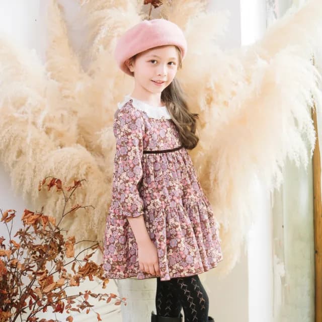 【ANNY’S 安妮公主】童裝 復古風滿版印花百褶荷葉領拼接秋冬款七分袖蛋糕裙洋裝(3254咖啡)
