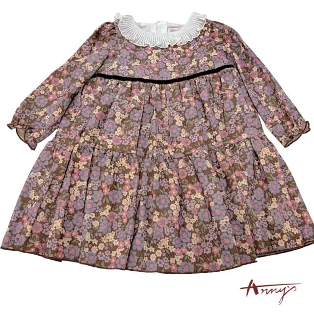 【ANNY’S 安妮公主】童裝 復古風滿版印花百褶荷葉領拼接秋冬款七分袖蛋糕裙洋裝(3254咖啡)