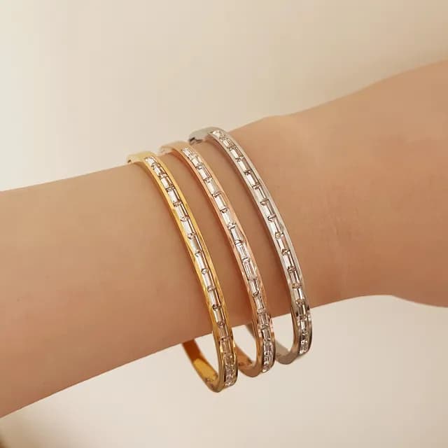 【CReAM】Laura 鈦鋼鋯石方鑽金色銀色玫瑰金色手環手鐲(生日 禮物 送禮 禮盒)