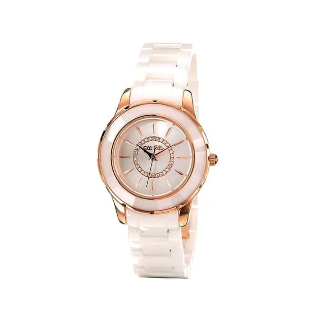 【Folli Follie】32毫米 清新質感 精鑲水晶珠光錶面 陶瓷錶帶腕錶 玫瑰金X白 FF694109