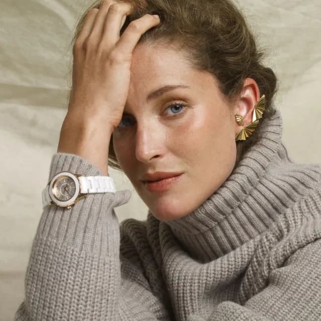 【Folli Follie】32毫米 清新質感 精鑲水晶珠光錶面 陶瓷錶帶腕錶 玫瑰金X白 FF694109