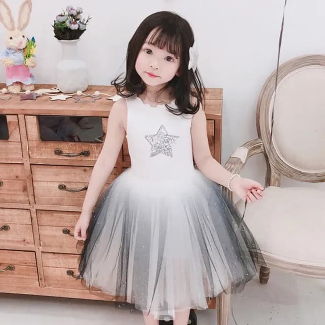 【橘魔法】無袖閃星拼接漸層挺紗裙洋裝(連身裙 澎澎裙 連身洋裝 連衣裙 紗裙 禮服 女童 兒童 童裝)