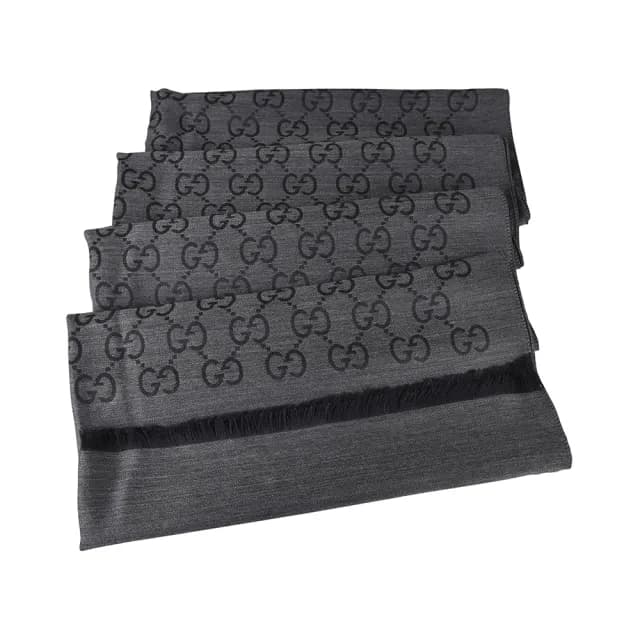 【GUCCI 古馳】GUCCI 雙G LOGO緹花羊毛圍巾(炭灰)