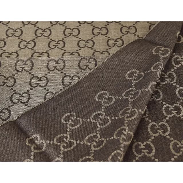 【GUCCI 古馳】GUCCI 雙G LOGO緹花羊毛圍巾(深褐)