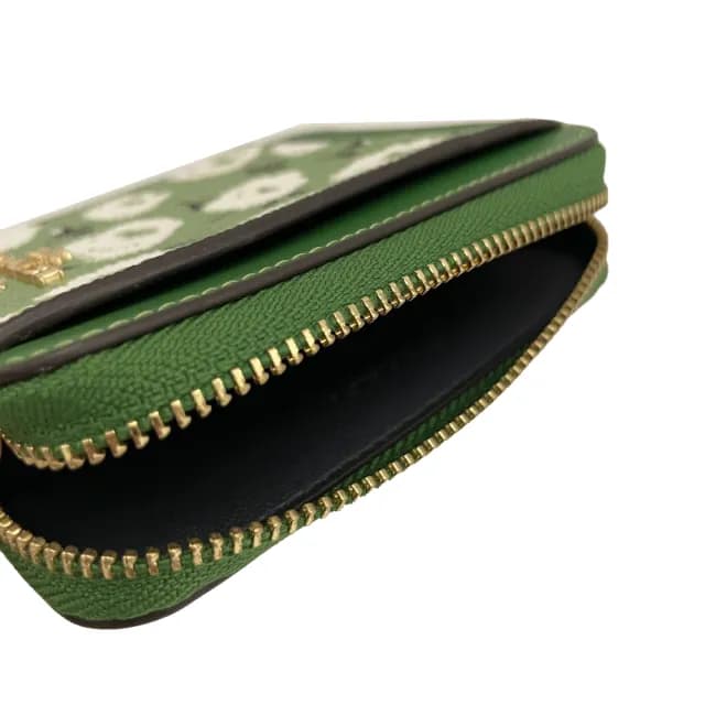 【COACH】花卉名片卡夾鏈帶零錢包(綠)