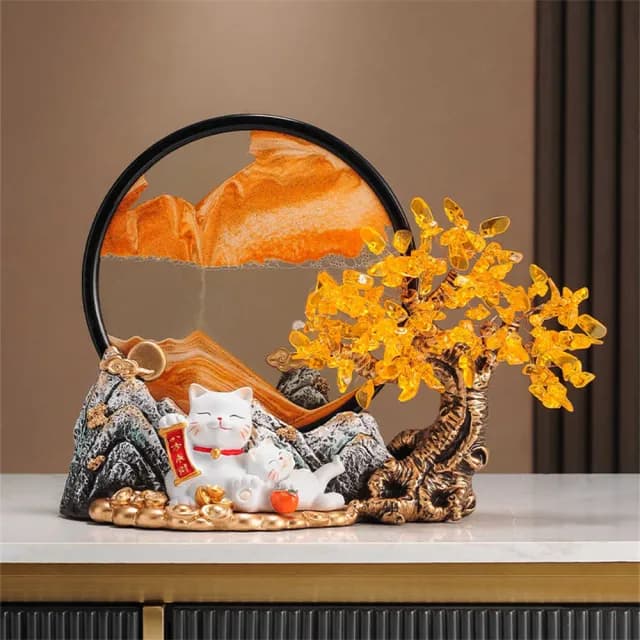 【超微米】發財樹 招財進寶擺飾 招財貓流沙畫 擺設 辦公室擺件 喬遷裝飾品 開業大吉禮品(發財樹招財貓擺飾)