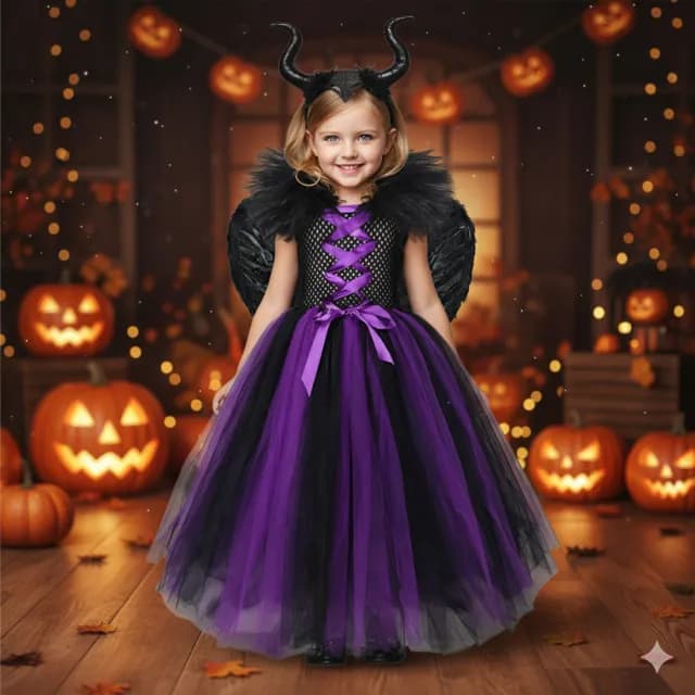 【橘魔法】黑魔女紗裙洋裝+翅膀+髮箍 套裝(萬聖節服裝 造型服 戲劇 表演 角色扮演 女童 大童 兒童 童裝)