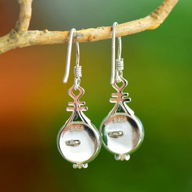 【MoonDy】碧玉耳飾 和田玉耳環 漢服配飾 福字耳墜 玉石飾品 純銀耳鈎 女生銀飾 琵琶耳環