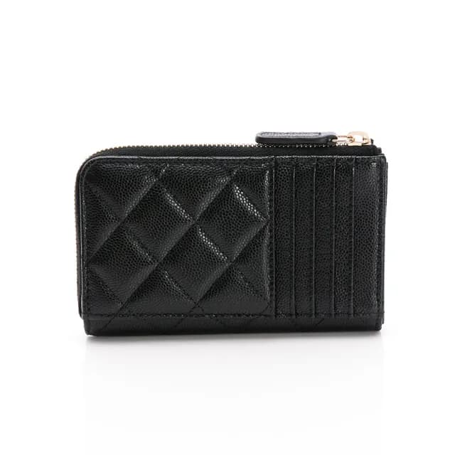 【CHANEL 香奈兒】25A 卡片 零錢包(黑/金-三排浮雕造型雙C/L字拉鍊)