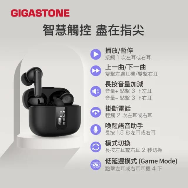 【GIGASTONE 立達】True Wireless 真無線降噪耳機 TAL1 2入組(LED電量顯示/遊戲低延遲/earpods藍芽5.4耳機)