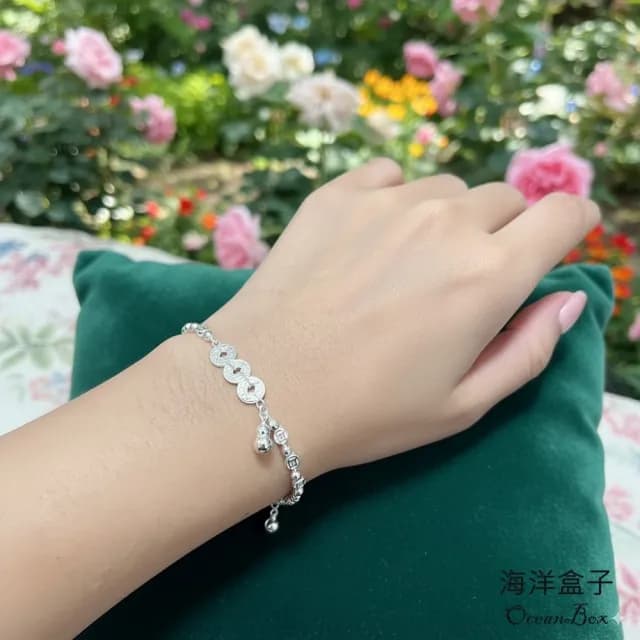 【海洋盒子】閃亮碎冰葫蘆銅錢設計S999足銀手鍊(附贈禮盒.拭銀布)