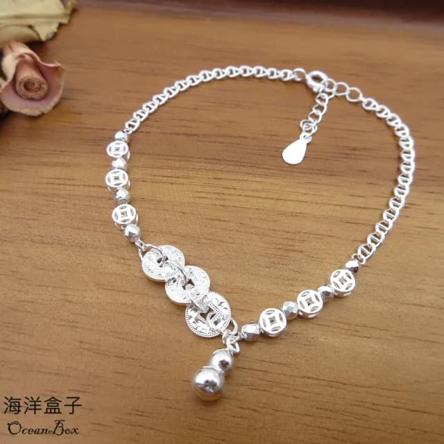 【海洋盒子】閃亮碎冰葫蘆銅錢設計S999足銀手鍊(附贈禮盒.拭銀布)