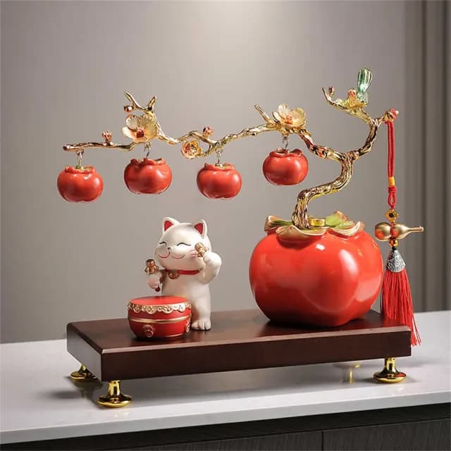 【超微米】招財貓擺飾 柿柿如意柿子擺件 客廳擺設 辦公室裝飾品 喬遷開業禮物 禮品(柿柿如意招財貓擺飾)